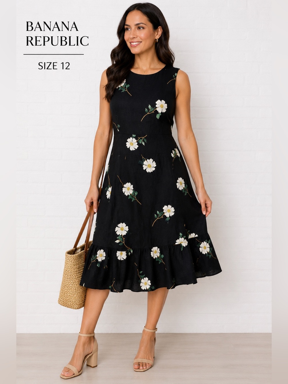 Banana Republic Black Floral Sleeveless Midi Dress | Size 12 | Cotton Blend boho
